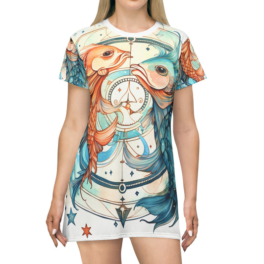 Pisces Zodiac Horoscope - Starry Watercolor & Ink, Hyper-Detailed Fish T-Shirt Dress (AOP)