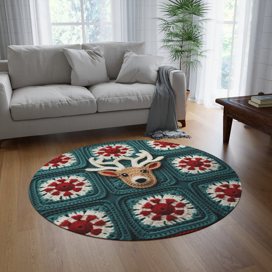 Christmas Reindeer Crochet, Wintry Wonderland Design, Festive Stag Motif. Embrace the Holiday Spirit - Round Rug