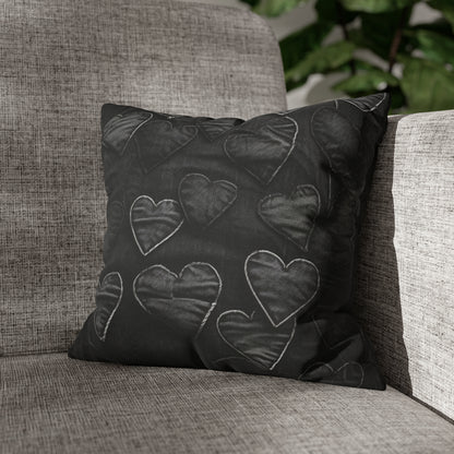 Negro azabache: diseño de bordado de corazón de tela inspirada en la mezclilla desgastada - Funda de almohada cuadrada de poliéster hilado 