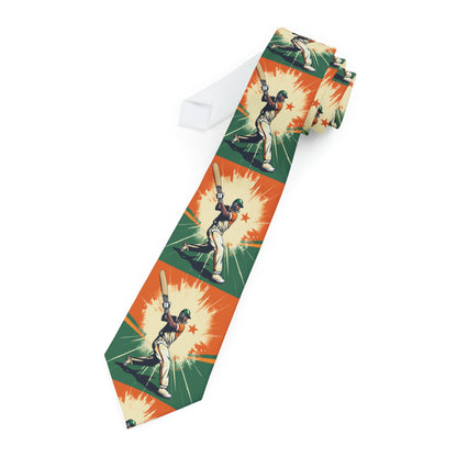 Cricket Batsman, Ball Strike, Indian Flag Color Background - Street Style - Necktie