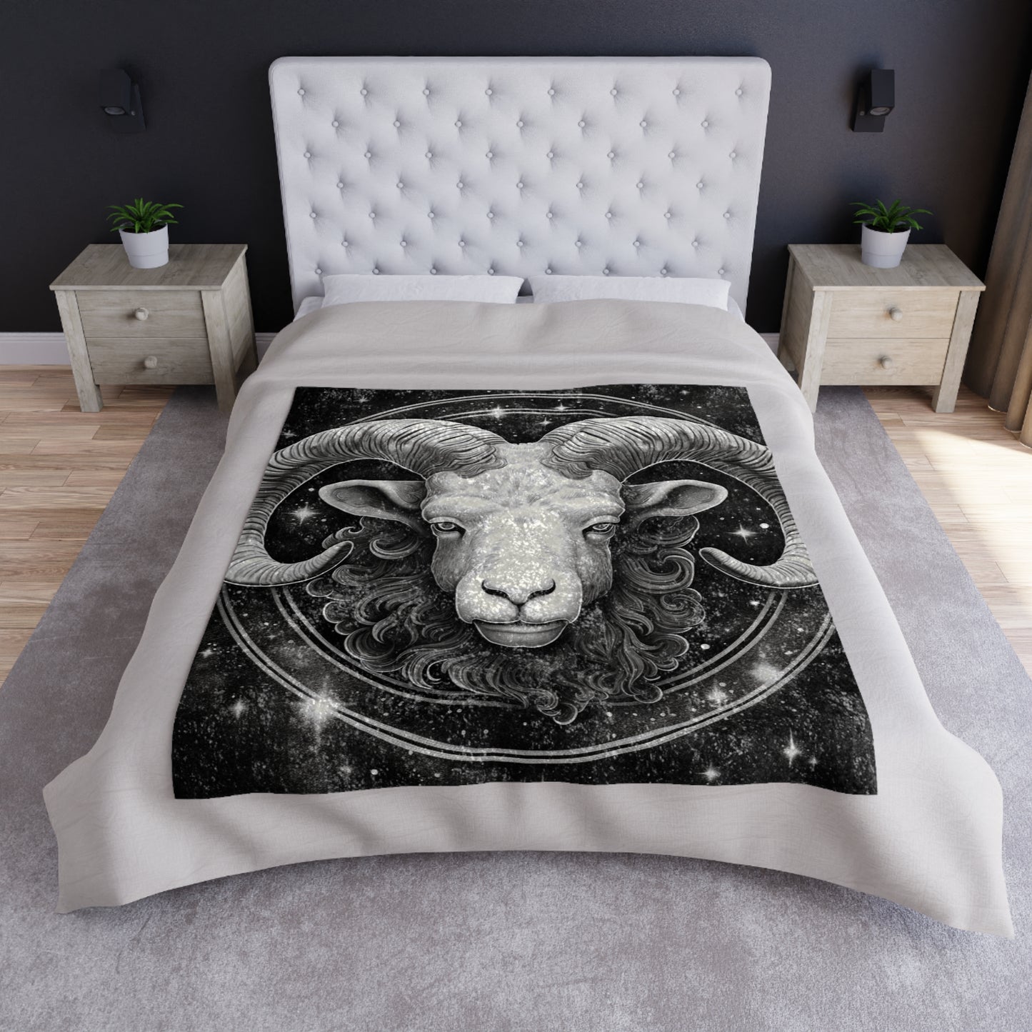 Manta de terciopelo triturado Aries, diseño de carnero en blanco y negro, 100% poliéster, estampado a una cara