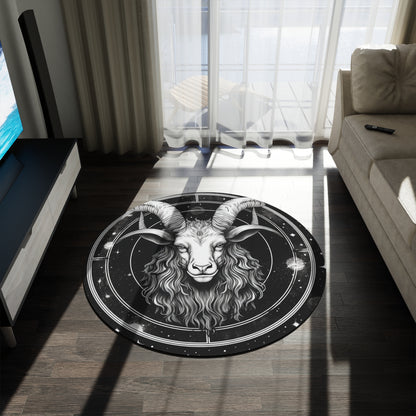 Capricorn 5ft Round Rug, Zodiac Black White Goat Design, Durable Chenille