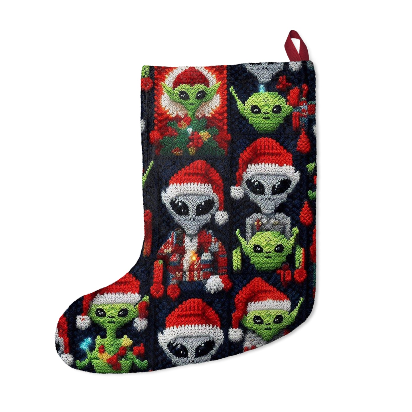 Festive Alien Invasion: Intergalactic Christmas Holiday Cheer with Santa Hats and Seasonal Gifts Crochet Pattern - Christmas Stockings