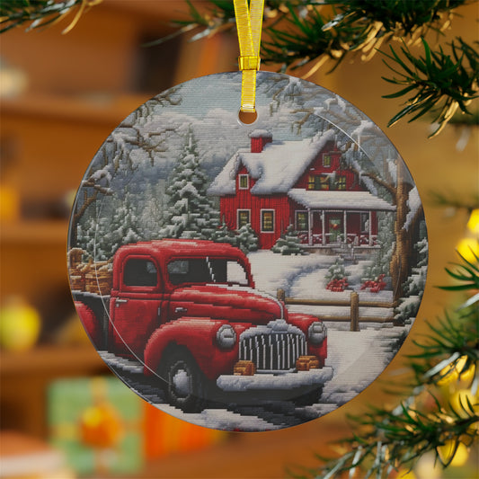 Red Truck Christmas Embroidery: Needlepoint Festive Winter Scene Threadwork - Glass Ornament Bundles