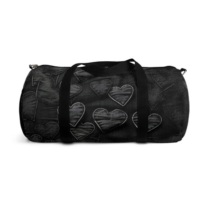 Black: Distressed Denim-Inspired Fabric Heart Embroidery Design - Duffel Bag