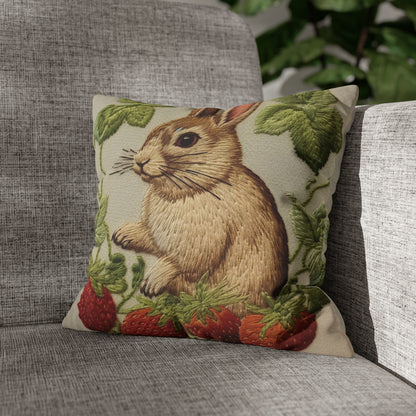 Strawberry Bunny Rabit - Embroidery Style - Strawberries Fruit Munchies - Easter Gift - Spun Polyester Square Pillow Case