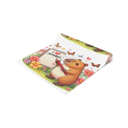 Capybara Holding Pencil and Notepad with I Love Capybaras, Cute Rodent Surrounded by Flowers and Butterflies, Table Runner (Cotton, Poly)