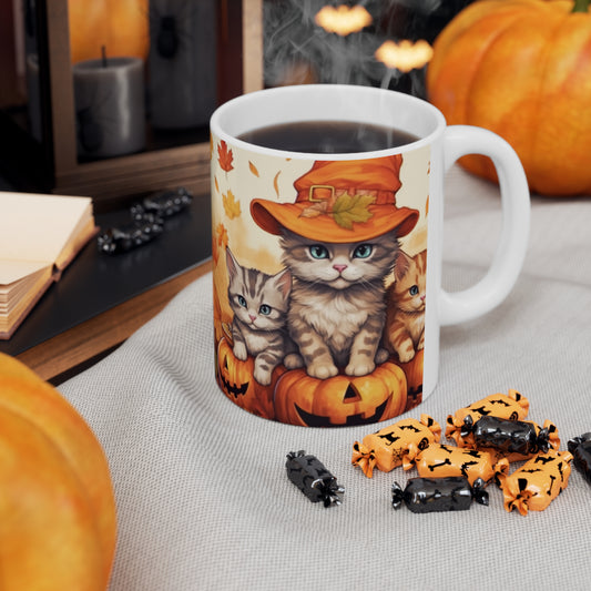 Kitty Cat Kittens Halloween - Cute Furries on Pumpkin - Festive Feline Decor - Ceramic Mug 11oz