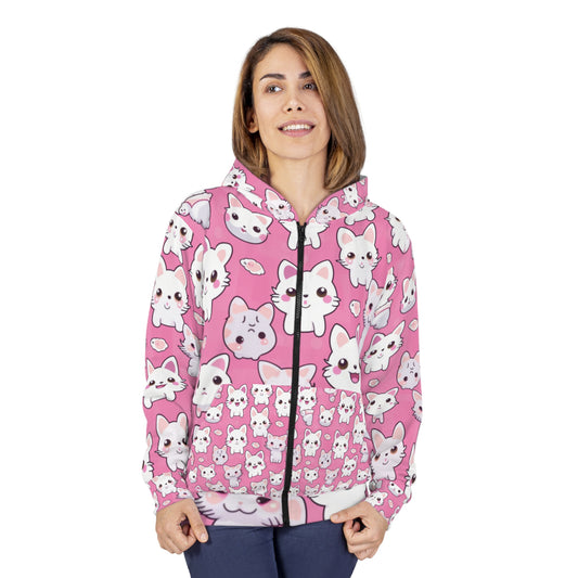 Adorable Cartoon-Style Anime Kitten, Cat, Kitty Pattern - Cute and Colorful - Unisex Zip Hoodie (AOP)