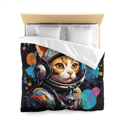 Astro Cat Adventure Feline - Pop Art, Floating in Cosmic Space - Microfiber Duvet Cover