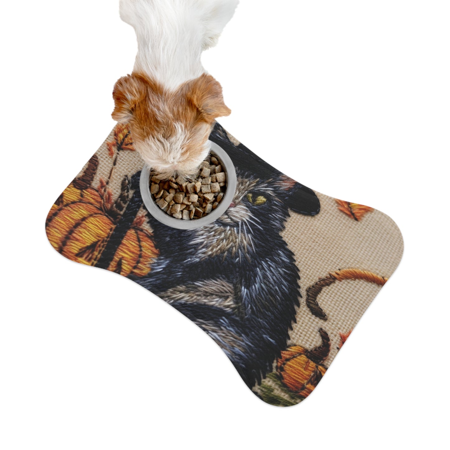 Halloween Cat Magic: Embroidered Style Feline with Pumpkins & Witch Hat - Pet Feeding Mats