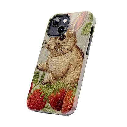 Strawberry Bunny Rabit - Embroidery Style - Strawberries Fruit Munchies - Easter Gift - Tough Phone Cases