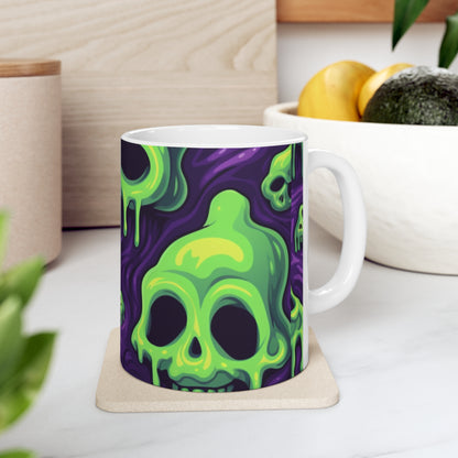 Patrón de terror aterrador de esqueletos verdes de calavera de limo de Halloween - Taza de cerámica 11oz