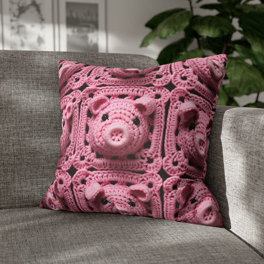 Crochet Pig Farm Animal Pink Snout Piggy Pattern - Spun Polyester Square Pillow Case
