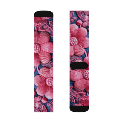 Denim Blue Doll Pink Floral Embroidery Style Fabric Flowers - Sublimation Socks