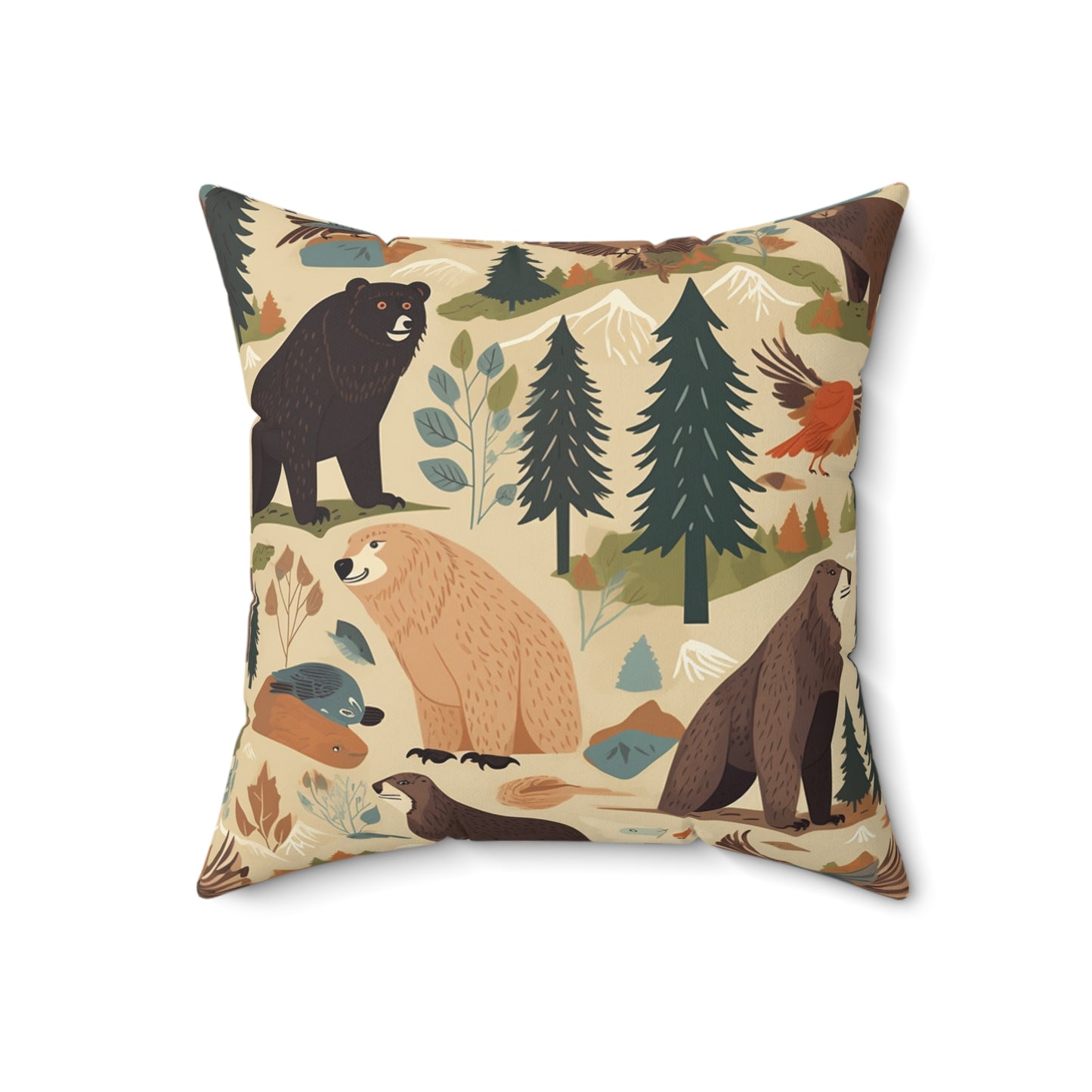 U.S. Wilderness Inspired: Grizzly Bears, Animals Pattern Spun Polyester Square Pillow