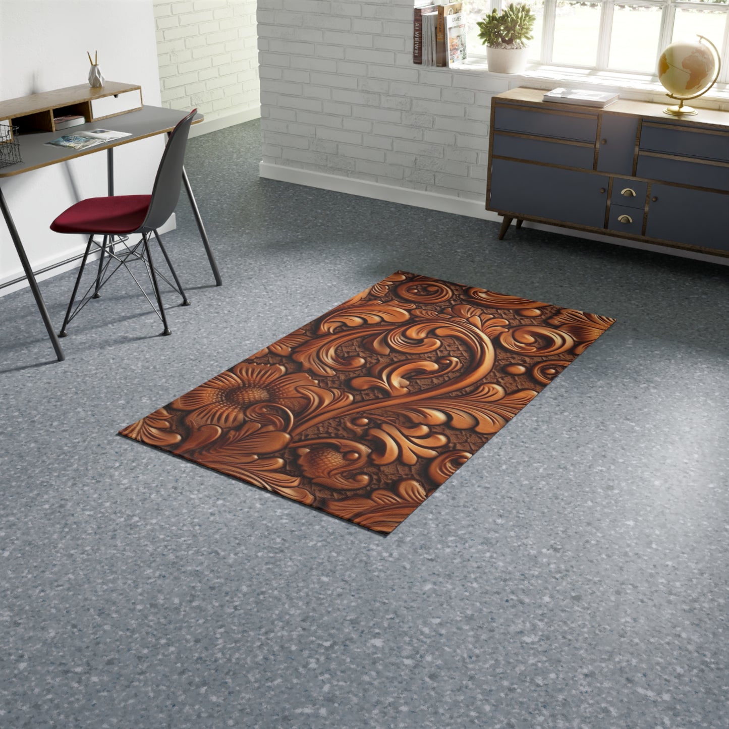 Leather Flower Cognac Classic Brown Timeless American Cowboy Design - Dobby Rug