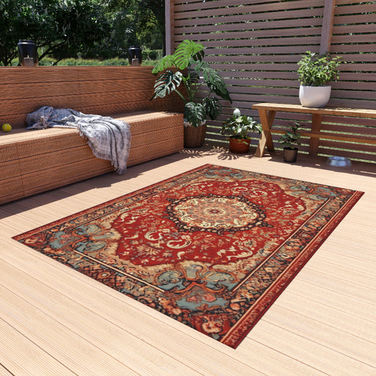 Chenille Outdoor Rug, Traditional Design, 8x10 or 5x8 Size Options, Red Oriental