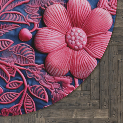 Denim Blue Doll Pink Floral Embroidery Style Fabric Flowers - Round Rug