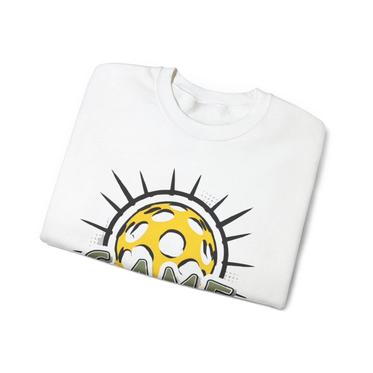 Emblema radiante de Pickleball con rayos solares dinámicos y letras del día del juego - Sudadera unisex con cuello redondo Heavy Blend™