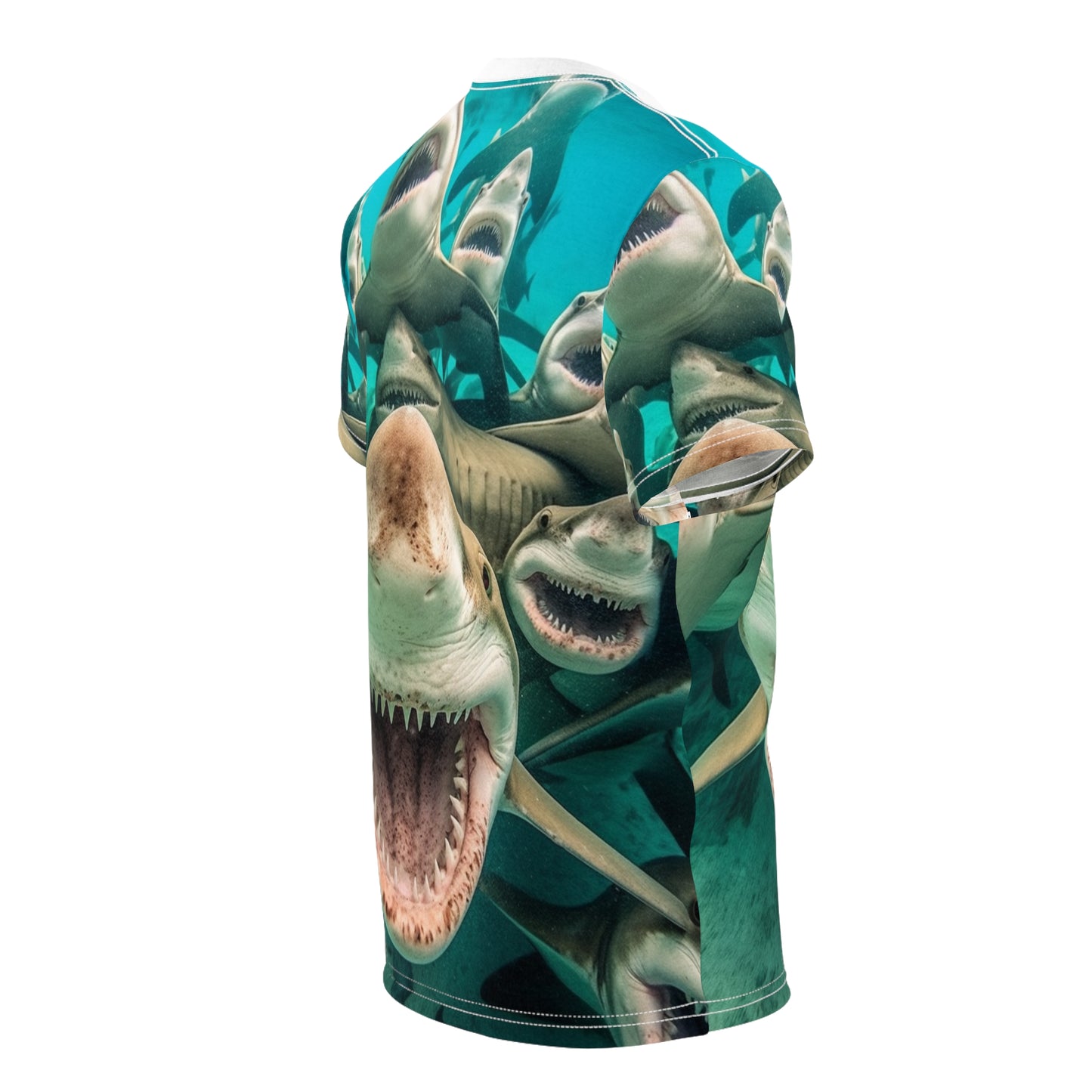 Tiburones limón risueños: Joyful Sea Jaws Ocean Deep - Camiseta unisex de corte y costura (AOP) 