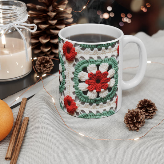 Christmas Granny Square Crochet, Cottagecore Winter Classic, Seasonal Holiday - Ceramic Mug 11oz