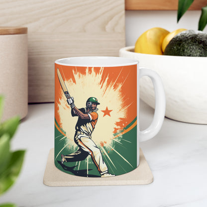 India Cricket Star: Batsman With Willow Bat, National Flag Style - Sport Game - Ceramic Mug 11oz