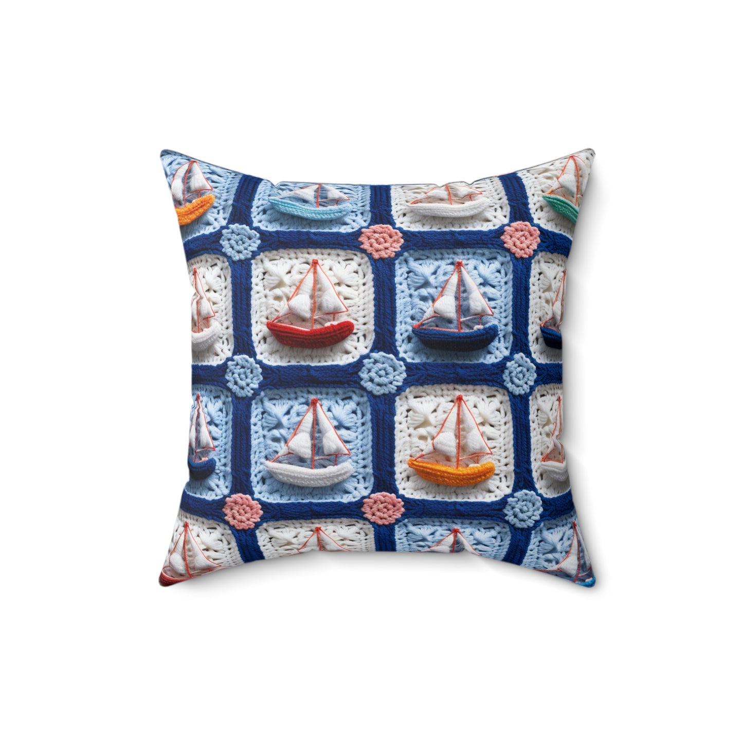 Crochet Boat Ship Sea Vessel Ocean Beach Travel Yacht Design - Spun Polyester Square Pillow