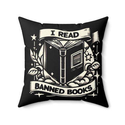 I Read Banned Books - Monochrome Crest with Stars and Laurel - Spun Polyester Square Pillow