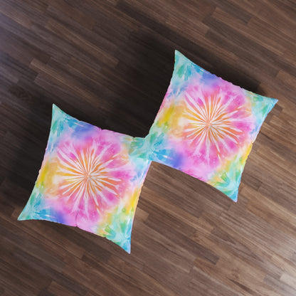 Boho Beach Vibe Pastel Hues Tie-Dye Pattern Design Tufted Floor Pillow, Square