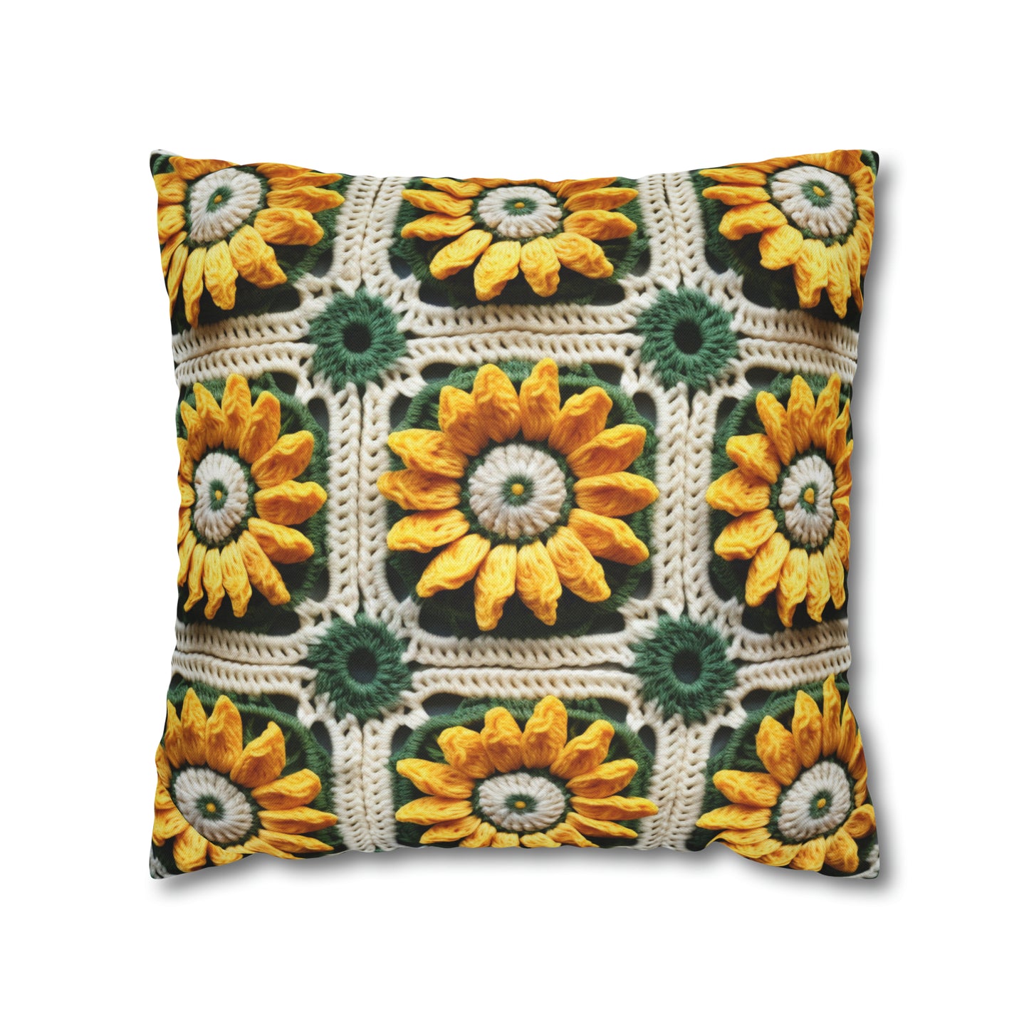 Sunflower Crochet Elegance, Granny Square Design, Radiant Floral Motif. Bring the Warmth of Sunflowers to Your Space - Spun Polyester Square Pillow Case