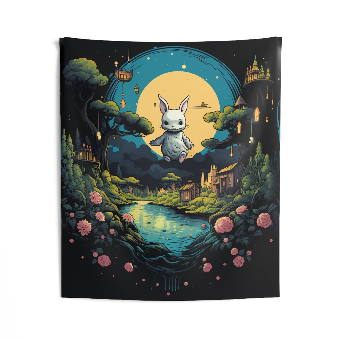 White Rabbit Mystery Psychedelic Fantasy Anime Cartoon Bunny - Indoor Wall Tapestries