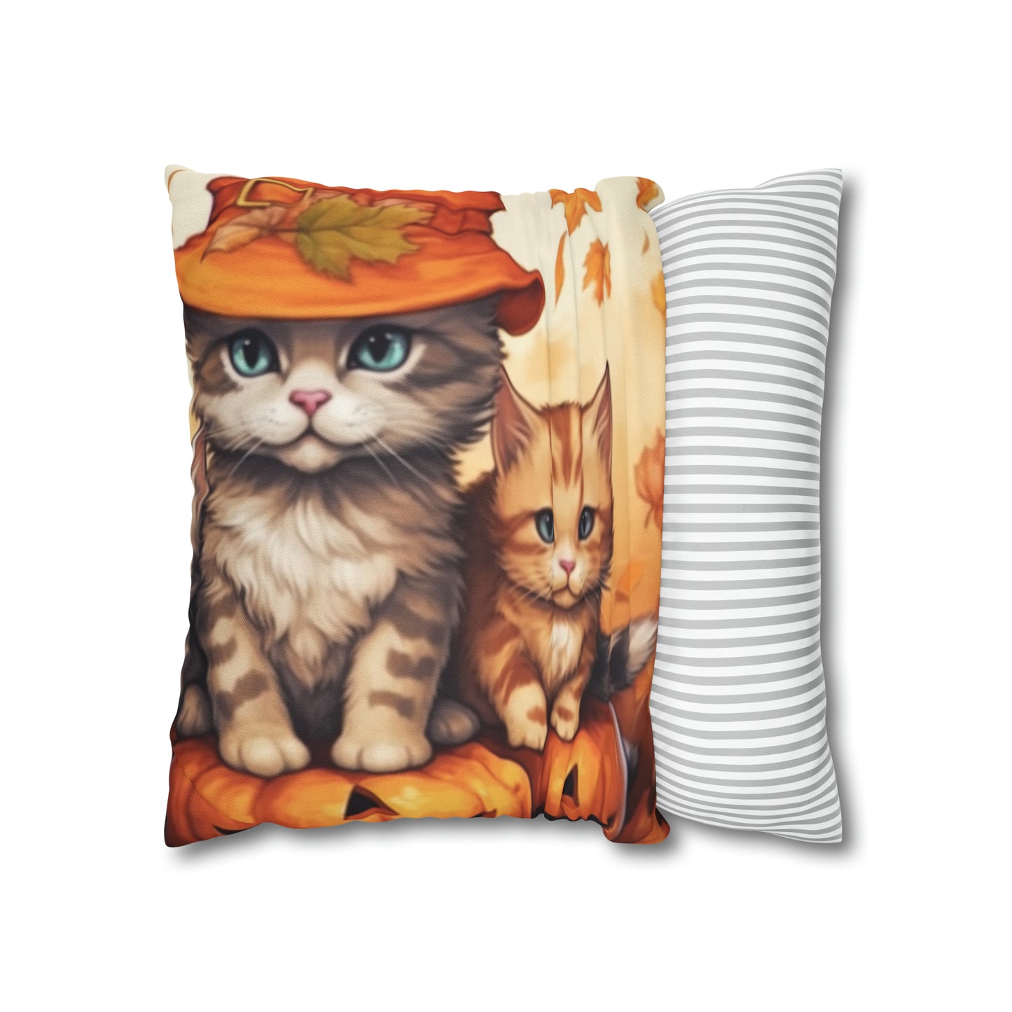 Kitty Cat Kittens Halloween - Cute Furries on Pumpkin - Festive Feline Decor - Spun Polyester Square Pillow Case