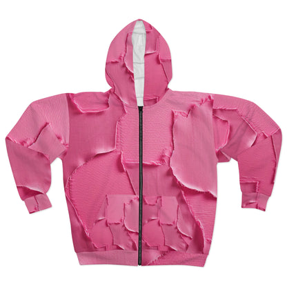 Distressed Neon Pink: Edgy, Ripped Denim-Inspired Doll Fabric - Unisex Zip Hoodie (AOP)