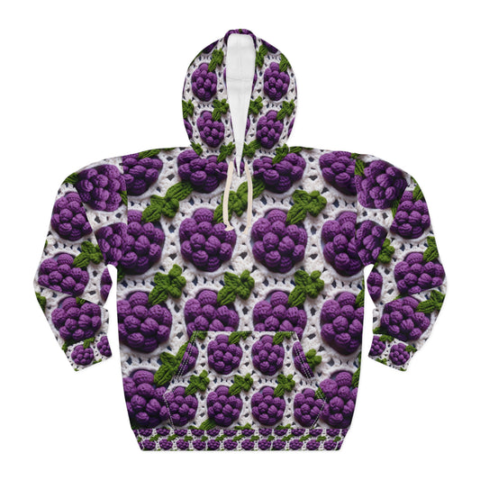 Patrón de uvas de ganchillo - Diseño Granny Square - Selección de fruta fresca - Bocadillos morados de huerto - Sudadera con capucha unisex (AOP) 