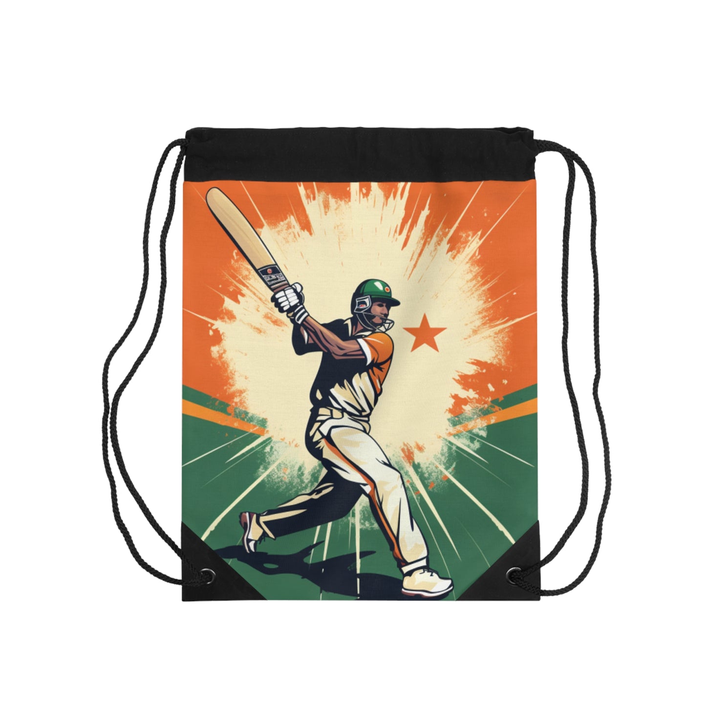 India Cricket Star: Batsman With Willow Bat, National Flag Style - Sport Game - Drawstring Bag