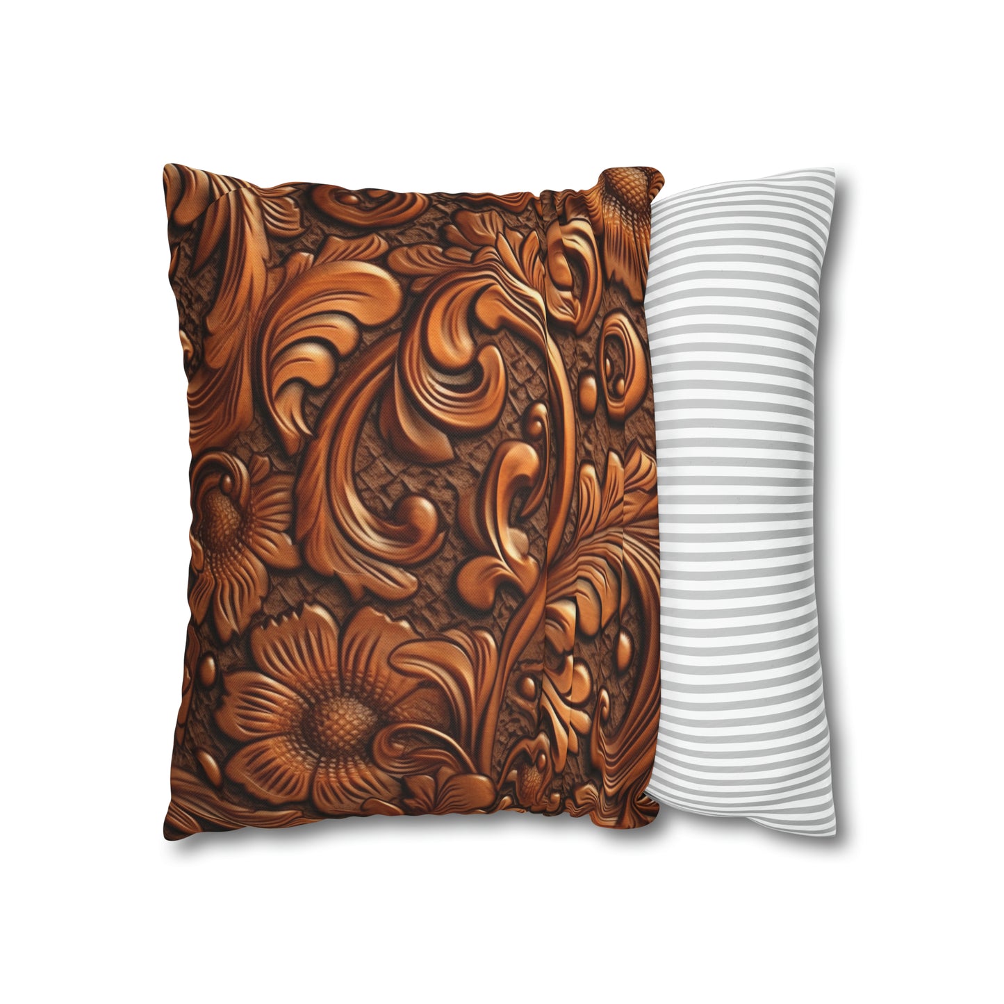 Leather Flower Cognac Classic Brown Timeless American Cowboy Design - Spun Polyester Square Pillow Case