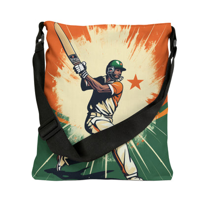 India Cricket Star: Batsman With Willow Bat, National Flag Style - Sport Game - Adjustable Tote Bag (AOP)