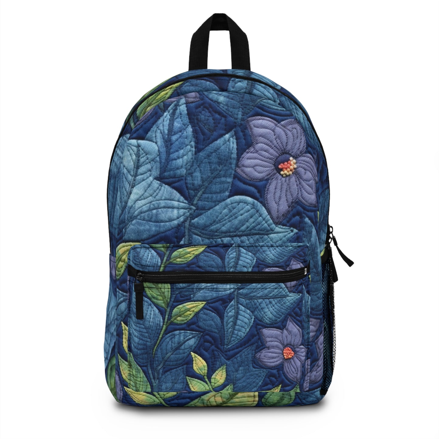 Bordado floral azul: diseño floral artesanal inspirado en la mezclilla - Mochila