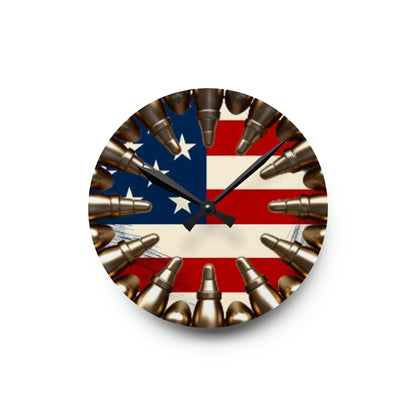 Freedom Rounds Acrylic Wall Clock - Faux Ammo Patriotic USA Flag Design, Americana Pride Decor, Stars & Stripes Homage Timepiece