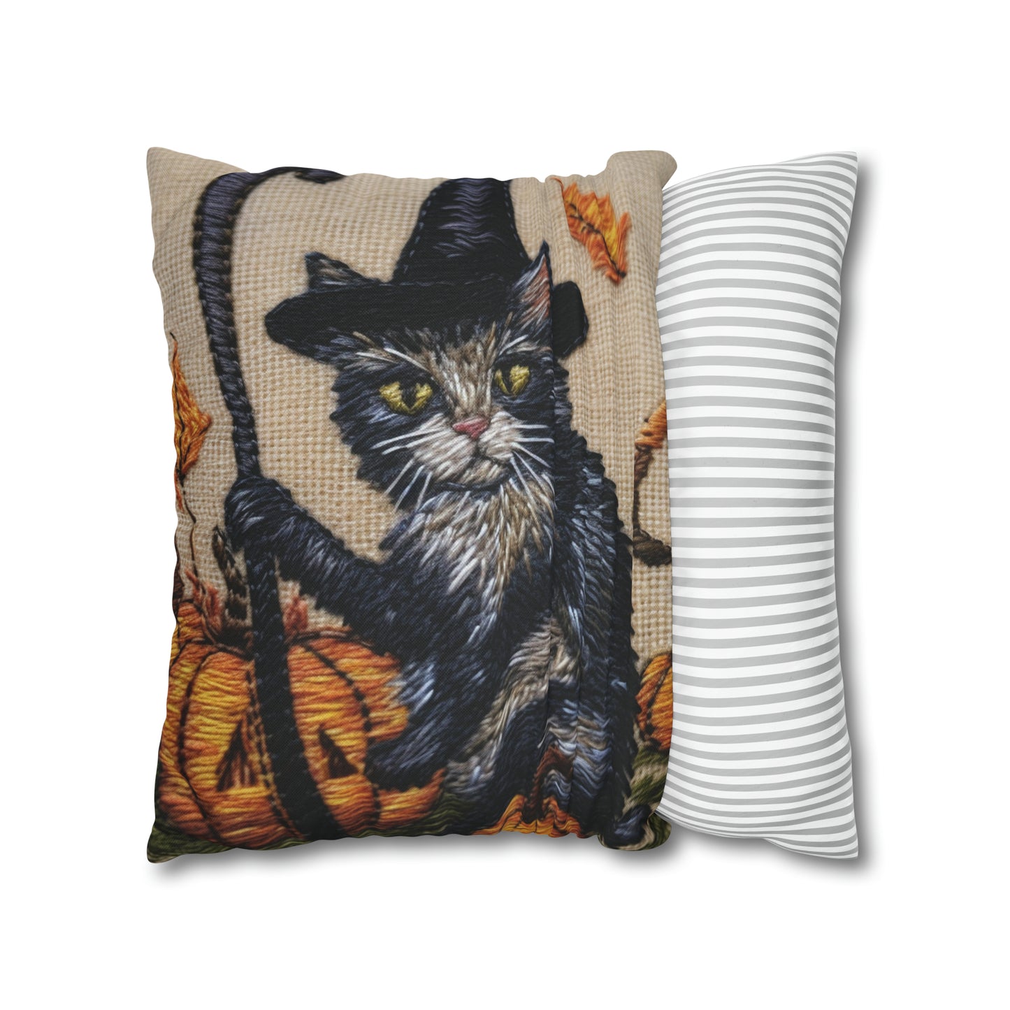 Halloween Cat Magic: Embroidered Style Feline with Pumpkins & Witch Hat - Spun Polyester Square Pillow Case