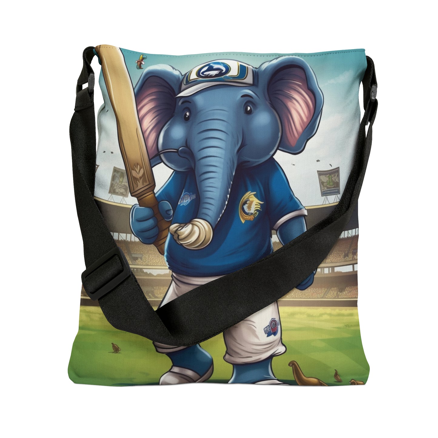 India Elephant Cricket Sport Star: Pitch, Run, Stump Game - Animated Charm - Adjustable Tote Bag (AOP)