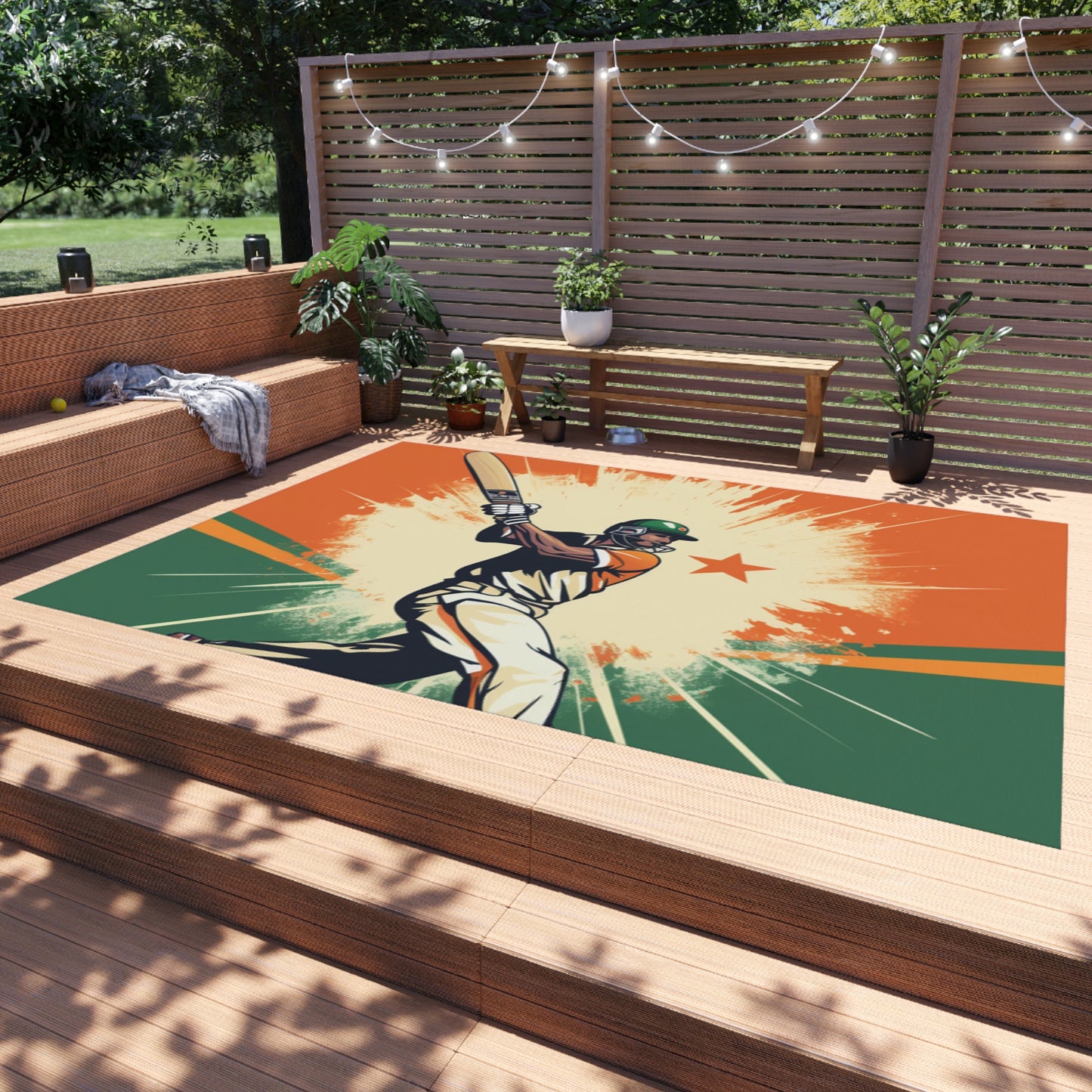 India Cricket Star: Batsman With Willow Bat, National Flag Style - Sport Game - Outdoor Rug