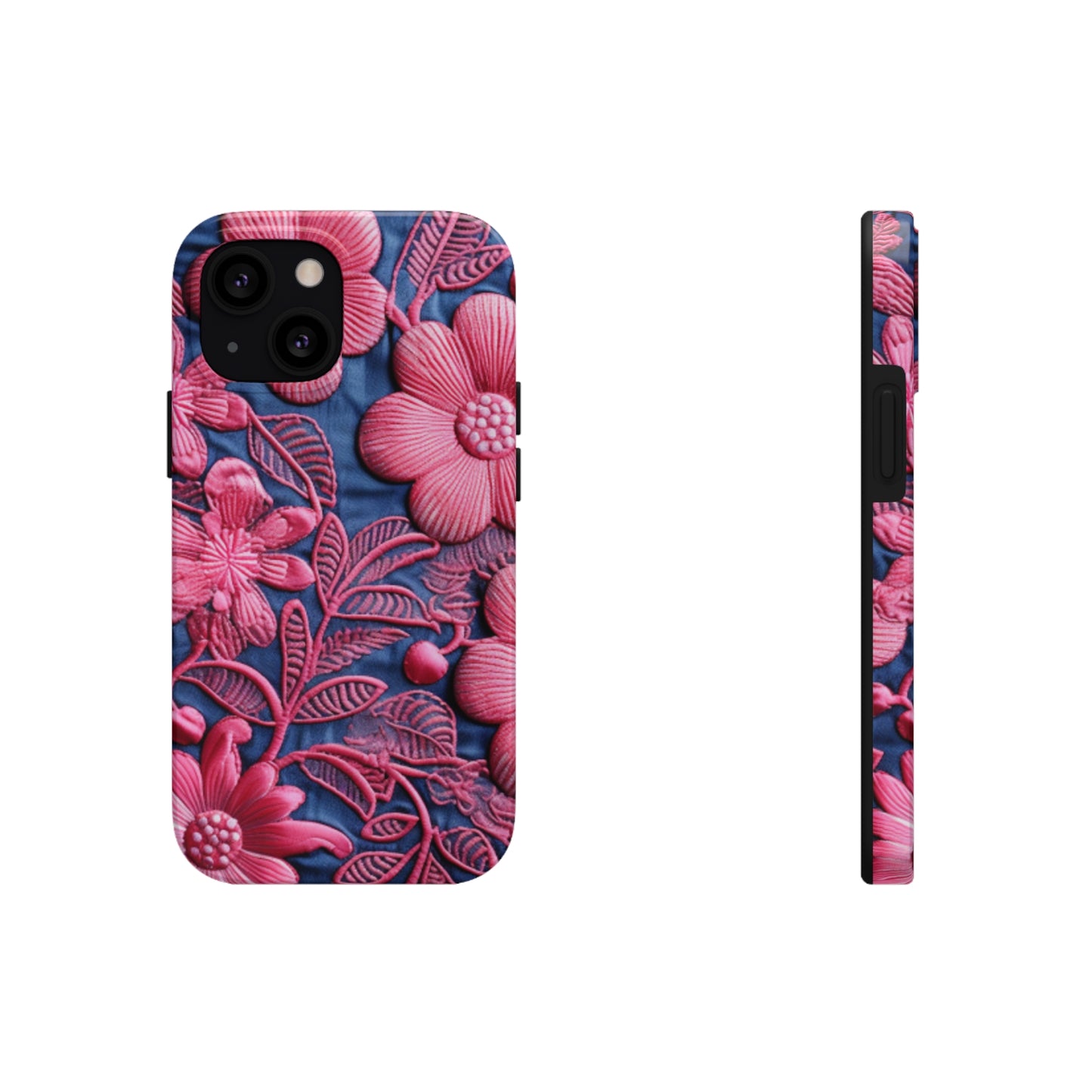 Denim Blue Doll Pink Floral Embroidery Style Fabric Flowers - Tough Phone Cases