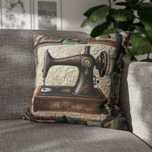 Quilted Sewing Machine, Tailor Craft Patchwork, Heirloom Textile Art - Spun Polyester Square Pillow Case