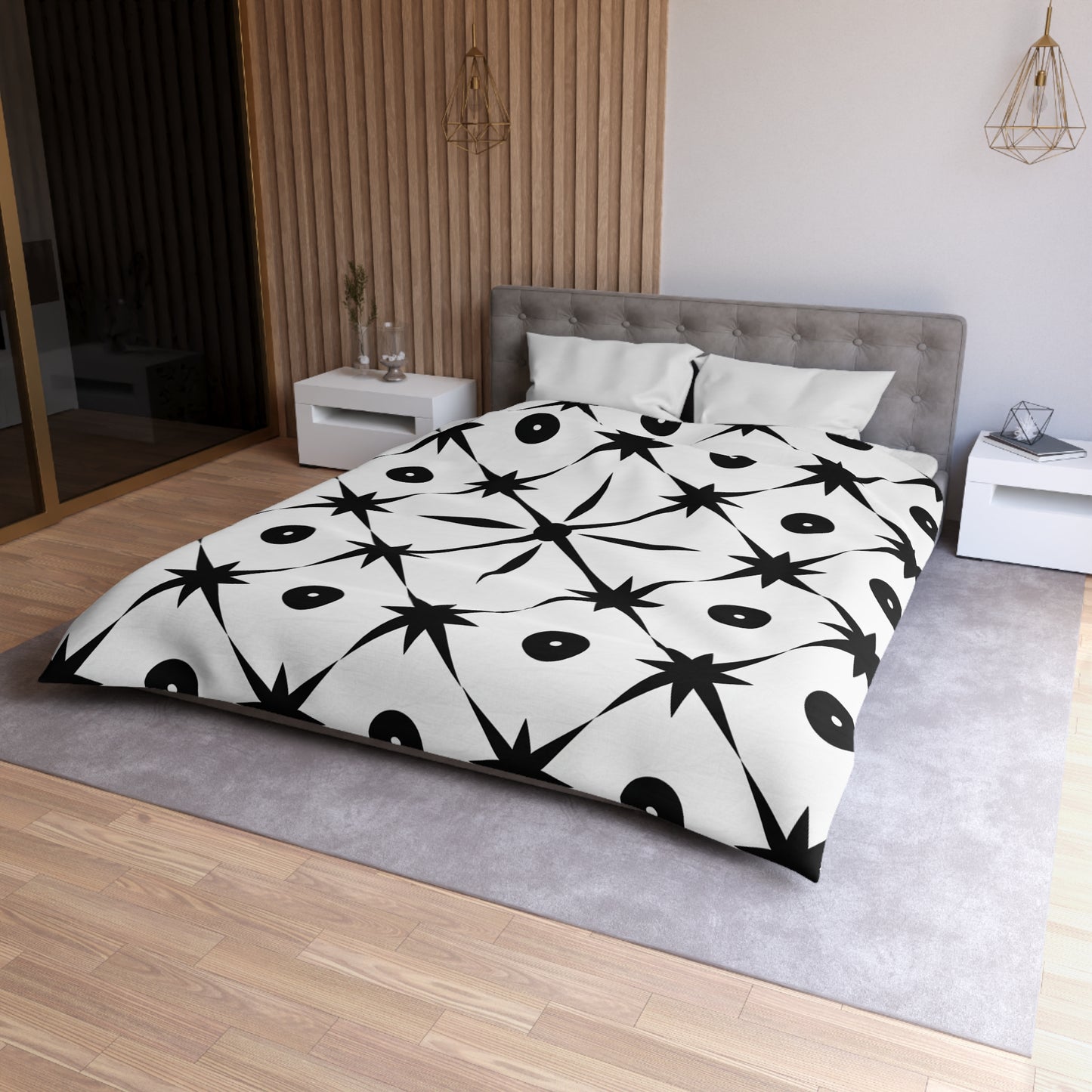 Mid Century Modern Asterisk Design - White & Black Atomic Starburst - Microfiber Duvet Cover