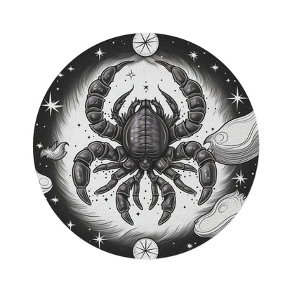 Scorpio 5ft Round Rug, Zodiac Black White Scorpion Design, Durable Chenille