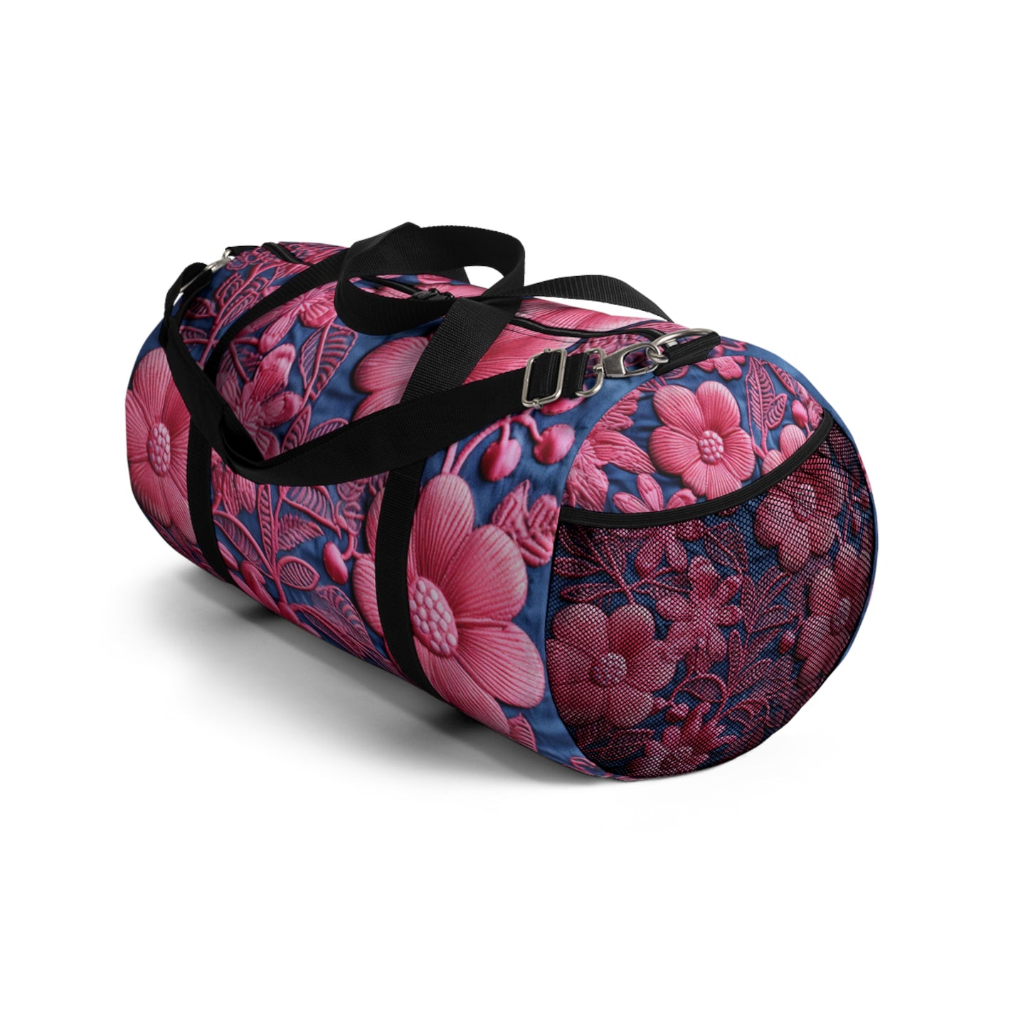 Denim Blue Doll Pink Floral Embroidery Style Fabric Flowers - Duffel Bag