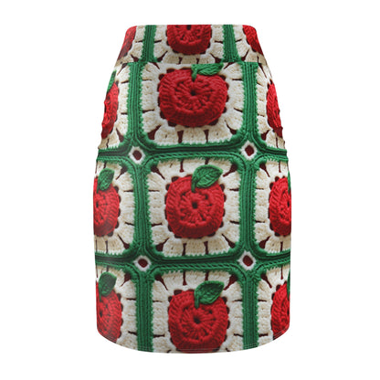 Apple Granny Square Crochet Pattern: Wild Fruit Tree, Delicious Red Design - Women's Pencil Skirt (AOP)