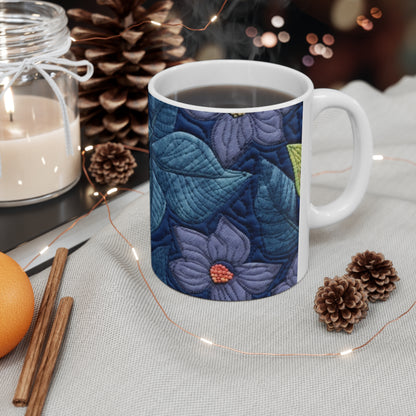 Floral Embroidery Blue: Denim-Inspired, Artisan-Crafted Flower Design - Ceramic Mug 11oz